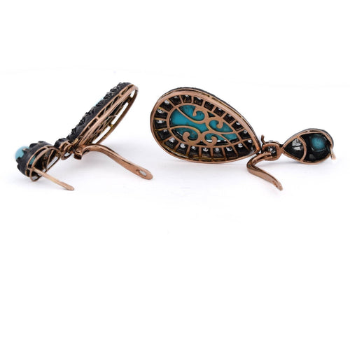 Boucles d'oreilles Boucles d'oreilles en or rose 14 ct, argent, turquoise et diamants 58 Facettes OR72 (00029)