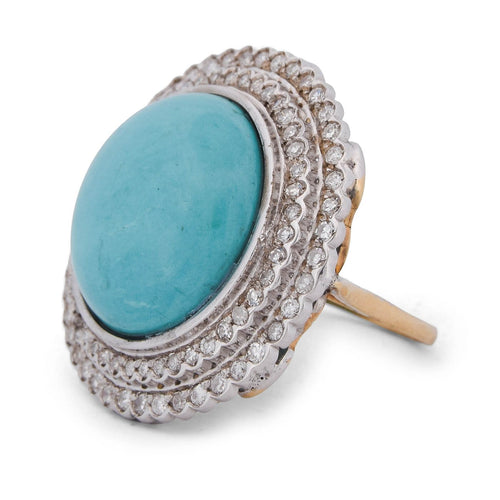 Bague 57 Bague vintage en ors blanc et jaune 18k, turquoise et diamants 58 Facettes AN224 (00519)