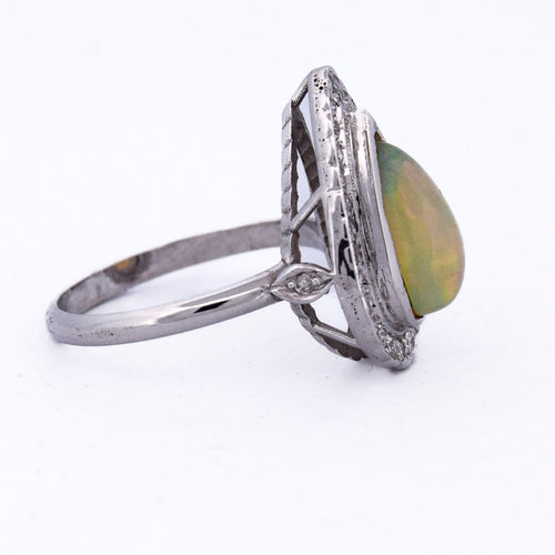 Bague 54 Bague Art déco en or blanc 18 ct avec opale et diamants 58 Facettes AN100 (0069)