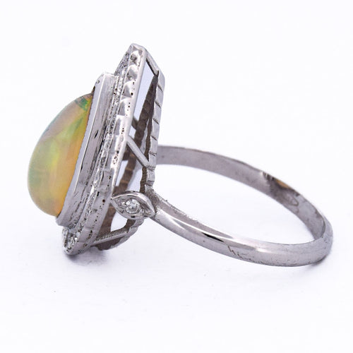 Bague 54 Bague Art déco en or blanc 18 ct avec opale et diamants 58 Facettes AN100 (0069)