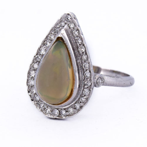 Bague 54 Bague Art déco en or blanc 18 ct avec opale et diamants 58 Facettes AN100 (0069)