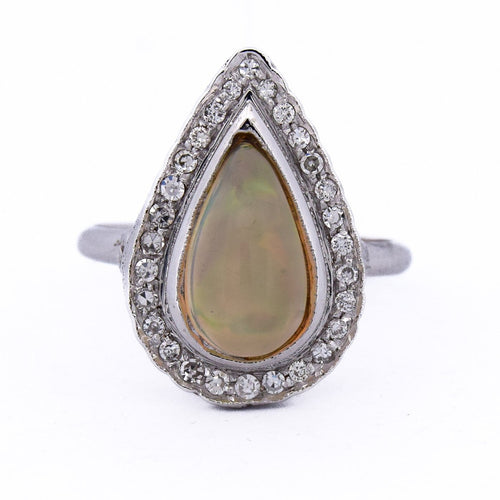 Bague 54 Bague Art déco en or blanc 18 ct avec opale et diamants 58 Facettes AN100 (0069)