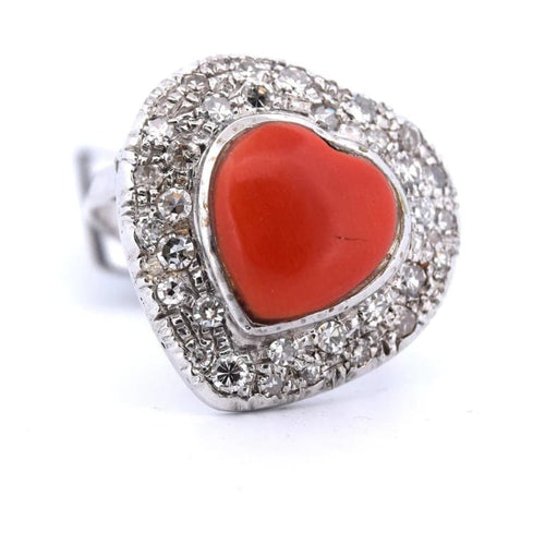 Bague 55 Bague cœur en or blanc 18 carats avec corail et diamants 58 Facettes AN41