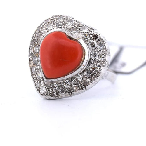 Bague 55 Bague cœur en or blanc 18 carats avec corail et diamants 58 Facettes AN41