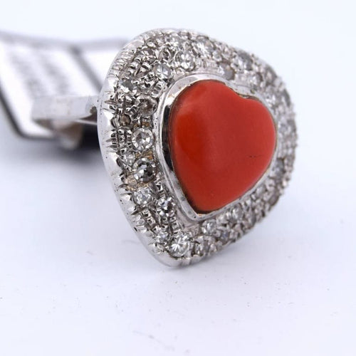Bague 55 Bague cœur en or blanc 18 carats avec corail et diamants 58 Facettes AN41
