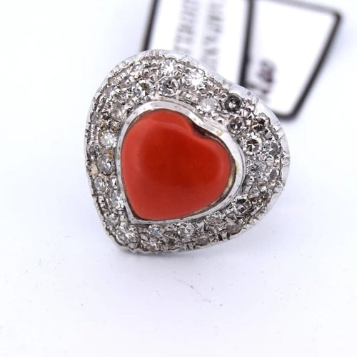 Bague 55 Bague cœur en or blanc 18 carats avec corail et diamants 58 Facettes AN41