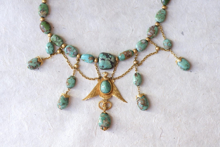 Collier Néo-égyptien - Collier ancien en or jaune et turquoises 58 Facettes