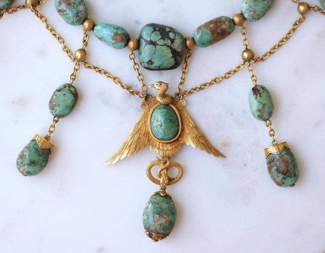 Collier Néo-égyptien - Collier ancien en or jaune et turquoises 58 Facettes
