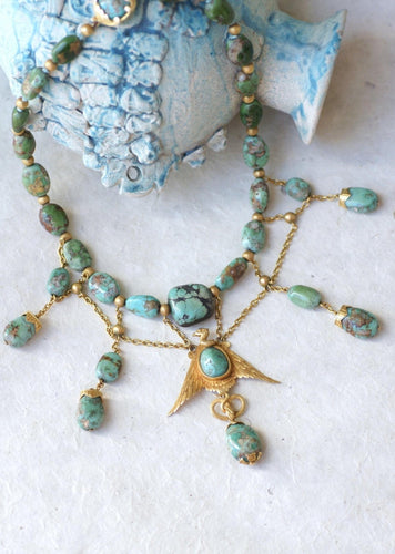 Collier Néo-égyptien - Collier ancien en or jaune et turquoises 58 Facettes