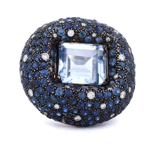 Bague 54 Bague cocktail en or blanc 18 kt, aigue-marine, saphirs et diamants 58 Facettes AN329 (00649)
