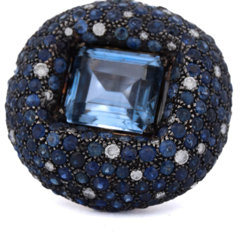 Bague 54 Bague cocktail en or blanc 18 kt, aigue-marine, saphirs et diamants 58 Facettes AN329 (00649)