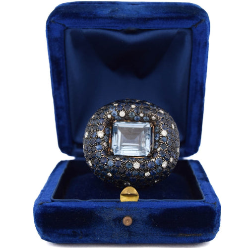 Bague 54 Bague cocktail en or blanc 18 kt, aigue-marine, saphirs et diamants 58 Facettes AN329 (00649)