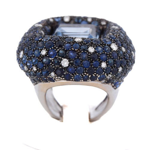 Bague 54 Bague cocktail en or blanc 18 kt, aigue-marine, saphirs et diamants 58 Facettes AN329 (00649)