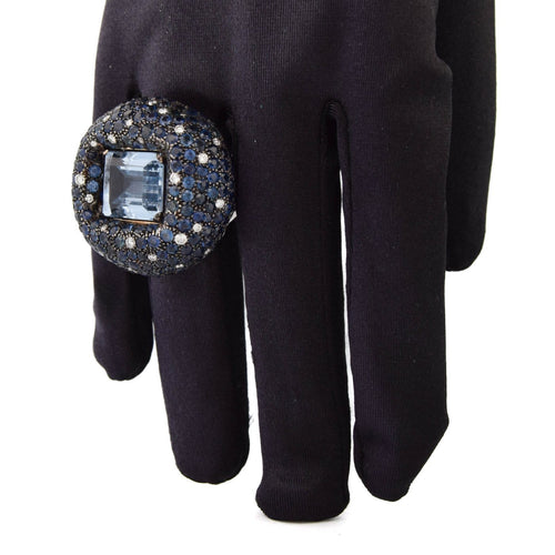 Bague 54 Bague cocktail en or blanc 18 kt, aigue-marine, saphirs et diamants 58 Facettes AN329 (00649)
