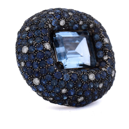 Bague 54 Bague cocktail en or blanc 18 kt, aigue-marine, saphirs et diamants 58 Facettes AN329 (00649)