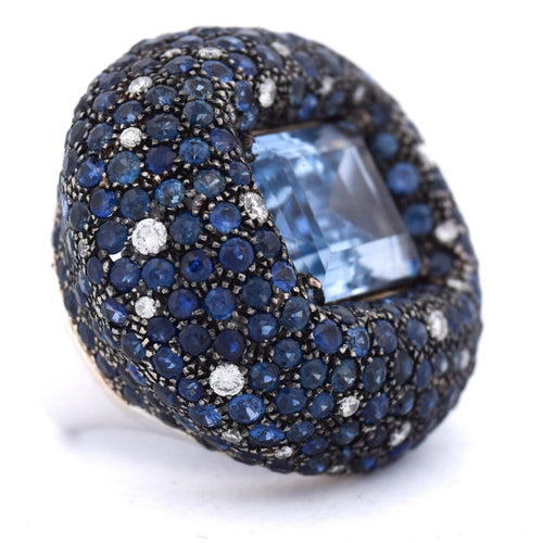 Bague 54 Bague cocktail en or blanc 18 kt, aigue-marine, saphirs et diamants 58 Facettes AN329 (00649)
