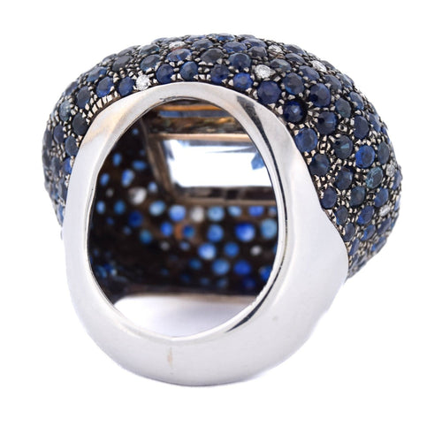 Bague 54 Bague cocktail en or blanc 18 kt, aigue-marine, saphirs et diamants 58 Facettes AN329 (00649)