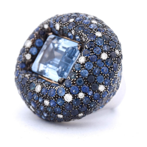Bague 54 Bague cocktail en or blanc 18 kt, aigue-marine, saphirs et diamants 58 Facettes AN329 (00649)