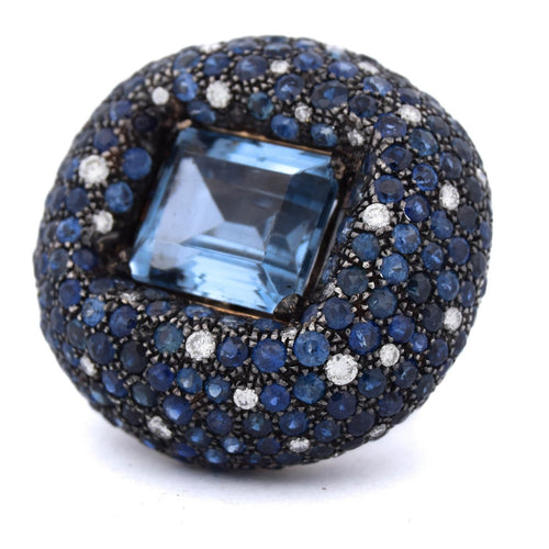 Bague 54 Bague cocktail en or blanc 18 kt, aigue-marine, saphirs et diamants 58 Facettes AN329 (00649)