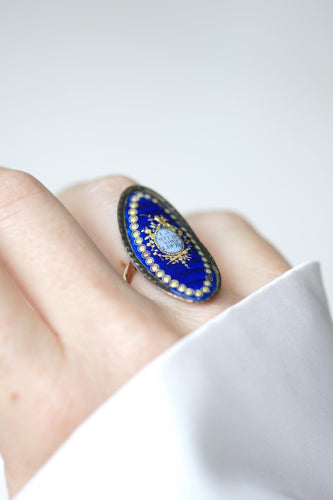 Bague 50.5 Bague navette XVIIIe siècle en or rose et argent émaillée 58 Facettes