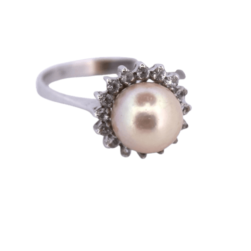 Bague 53 Bague en or blanc 18 carats avec perle naturelle et diamants 58 Facettes