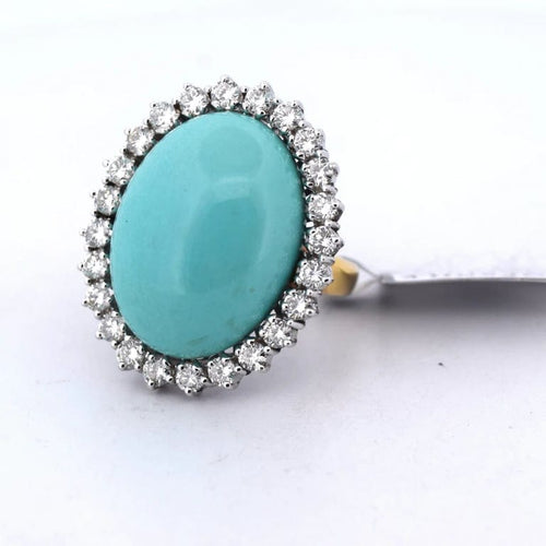 Bague 54 Bague vintage en or blanc 18 carats avec turquoise cabochon et diamants 58 Facettes AN503