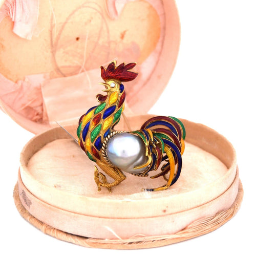 Broche Broche coq - Motif animalier en or jaune 18 carats, émaux et perles baroques 58 Facettes SP37 '(00039)
