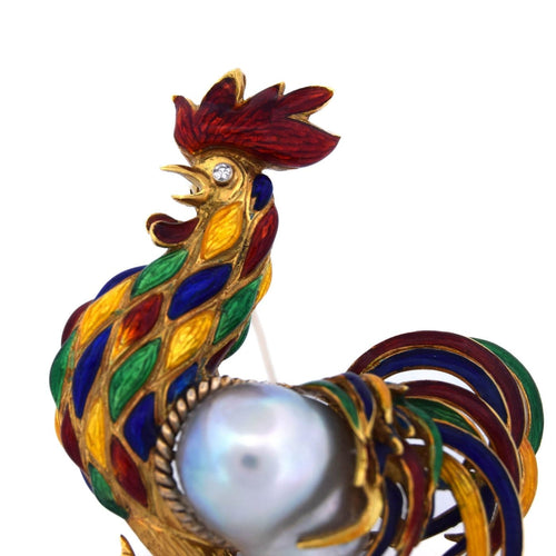 Broche Broche coq - Motif animalier en or jaune 18 carats, émaux et perles baroques 58 Facettes SP37 '(00039)