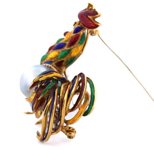 Broche Broche coq - Motif animalier en or jaune 18 carats, émaux et perles baroques 58 Facettes SP37 '(00039)