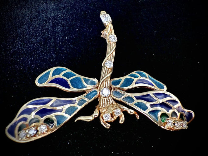 Broche Broche libellule en or jaune 14 carats, émail et diamants 58 Facettes