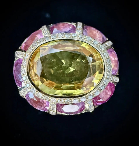 Bague 50.5 Bague cocktail en or jaune, saphirs jaunes et roses, diamants 58 Facettes