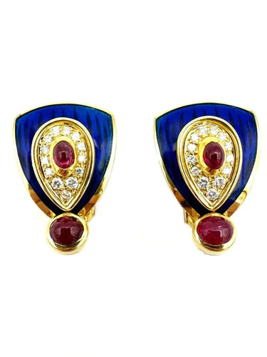 Boucles d'oreilles Maison Gérard - Boucles d'oreilles écusson en or jaune, rubis, diamants et émail 58 Facettes