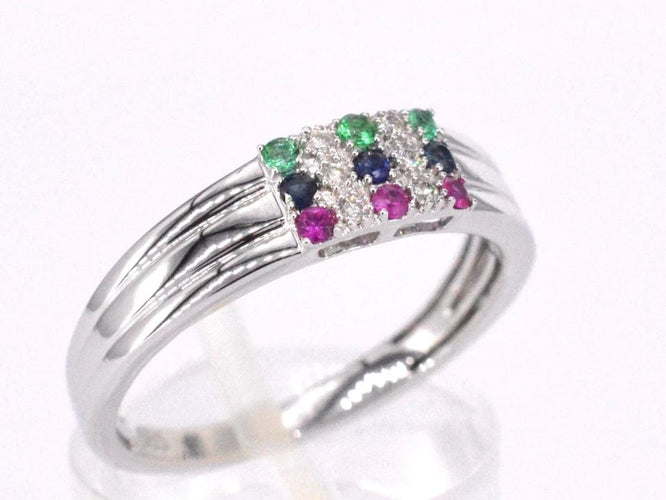 Bague Bague en or blanc 14 carats avec diamant et pierres multicolores 58 Facettes 2043