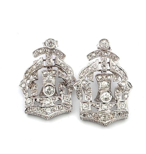 Boucles d'oreilles Boucles d’oreilles couronne en platine et diamants taille Old Mine 58 Facettes