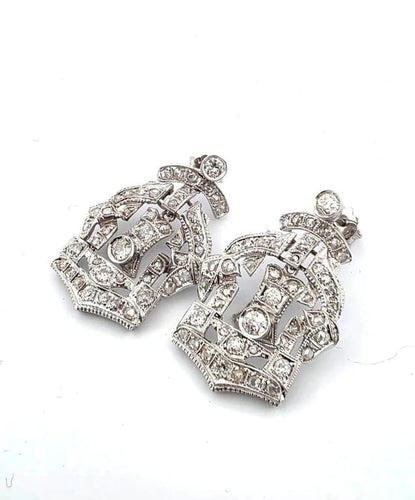 Boucles d'oreilles Boucles d’oreilles couronne en platine et diamants taille Old Mine 58 Facettes