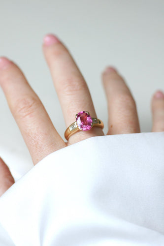 Bague Bague tourmaline rose et diamants baguette en or jaune 58 Facettes
