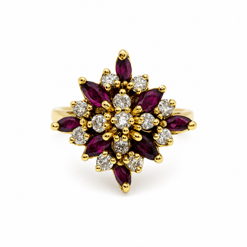 Bague 54 Bague motif floral étoilé en or jaune 750 avec rubis et diamants 58 Facettes 50156