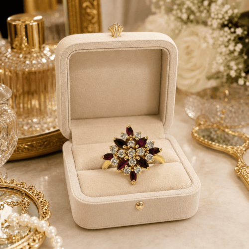 Bague 54 Bague motif floral étoilé en or jaune 750 avec rubis et diamants 58 Facettes 50156