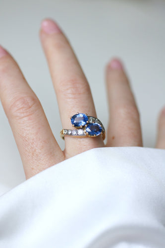 Bague 57 Toi et Moi - Bague en or jaune et blanc 18 K, saphirs de Ceylan et diamants 58 Facettes