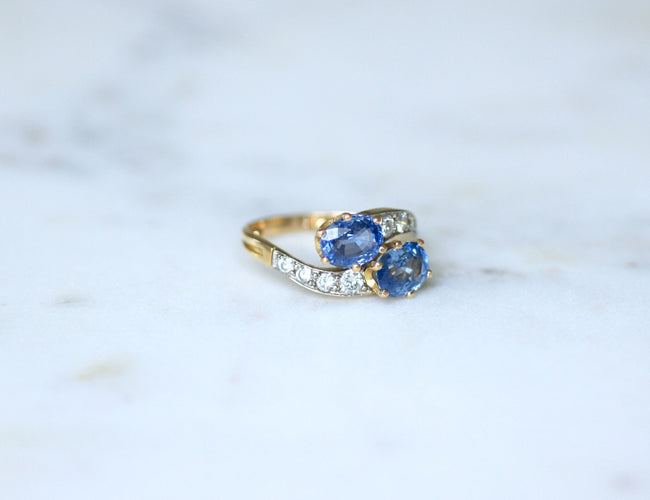 Bague 57 Toi et Moi - Bague en or jaune et blanc 18 K, saphirs de Ceylan et diamants 58 Facettes