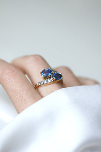 Bague 57 Toi et Moi - Bague en or jaune et blanc 18 K, saphirs de Ceylan et diamants 58 Facettes