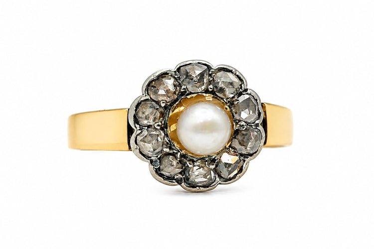 Bague 58 Bague fleur en or jaune, perle et diamants taille rose 58 Facettes 50208