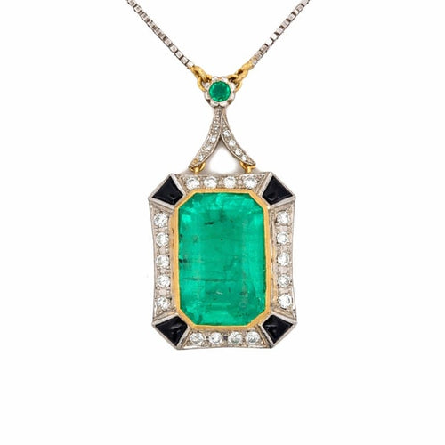 Collier Collier avec pendentif Art déco en or et platine, émeraude colombienne 14 ct 58 Facettes 50247