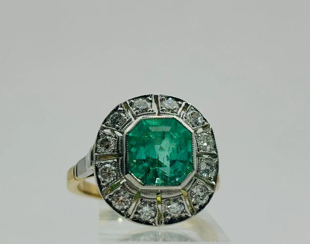 Bague 53 Bague Art déco en platine et or jaune 750, émeraude et diamants 58 Facettes 50246