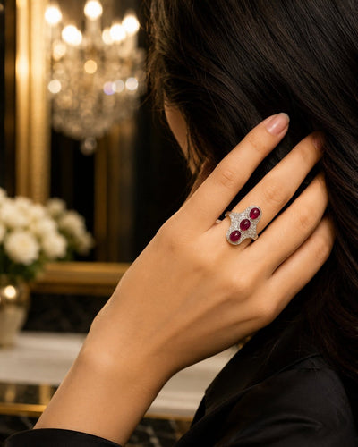Bague 54 Trilogy - Bague en platine rubis et diamants 58 Facettes 50261