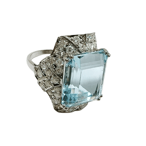 Bague 53 Bague Art déco en platine avec aigue-marine et diamants 58 Facettes 50343