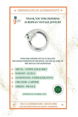 Bague 58 Cartier Panthère Lakarda - Bague en or blanc 18 carats, émeraudes et onyx 58 Facettes
