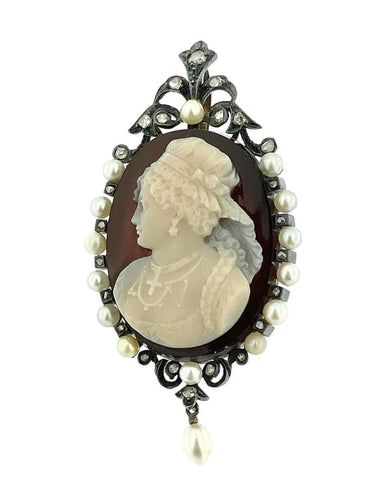 Pendentif Camée victorien - Pendentif en or blanc 18 carats, argent, perles et diamants 58 Facettes