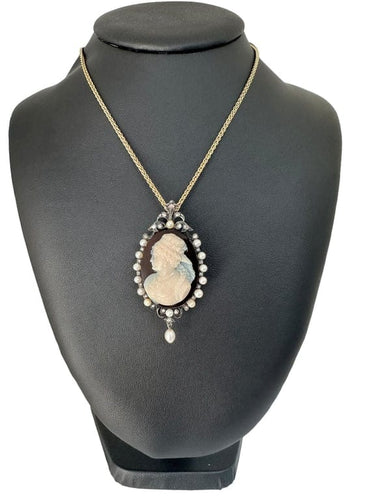 Pendentif Camée victorien - Pendentif en or blanc 18 carats, argent, perles et diamants 58 Facettes