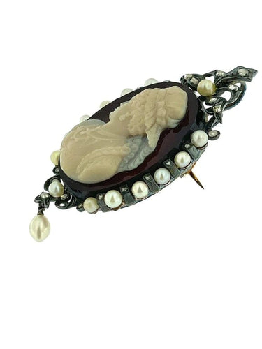 Pendentif Camée victorien - Pendentif en or blanc 18 carats, argent, perles et diamants 58 Facettes